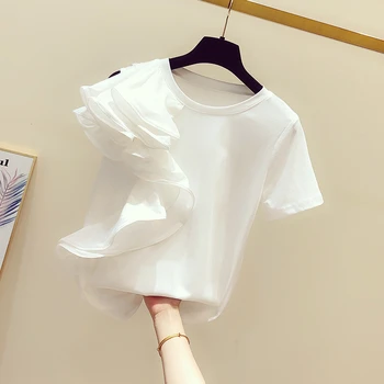 Volániky patchwork o-krku krátky rukáv t shirt ženy kórejský modis white tee tričko femme bežné elegantné tričko 2020 letné topy