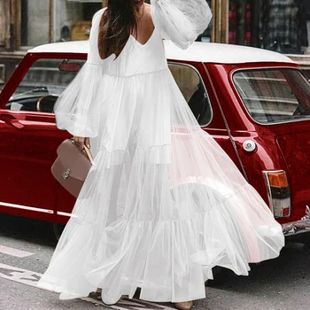 VONDA Plus Veľkosť Biele Šaty Žien 2021 Jeseň v Lete tvaru Vysoký Pás Svietidla Dlhý Rukáv Strany Maxi Dlhé Šaty s Čipkou Vestido