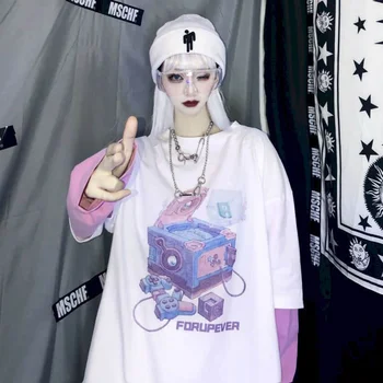 Voľné dlhým rukávom t-shirt žena plus veľkosť oblečenie pre ženy nový kórejský verzia iny Harajuku retro tlač falošné dvoch-dielny topy