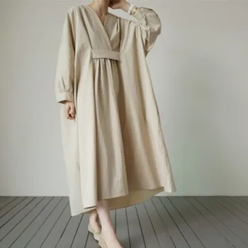 Voľné Oblečenie pre voľný čas Japonskom Štýle Jednoduché Dlhé Šaty s Dlhými Rukávmi Zabezpečovacie College Čierna Žena tvaru Maxi Šaty OL Vestidos