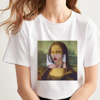Vtip Mona Lisa krásy dievča jesť cukor tlač letné šaty Harajuku ležérne módne doplnky, osobnosti, ženy, spoločnosti T-shirt topy