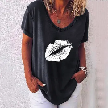 Vtipné tričko Nadrozmerné Ženy Bežné V Krku T-Shirt Krátkym Rukávom Pery Tlačených Topy V Krku Voľné Žena Harajuku Top Čaj v Lete