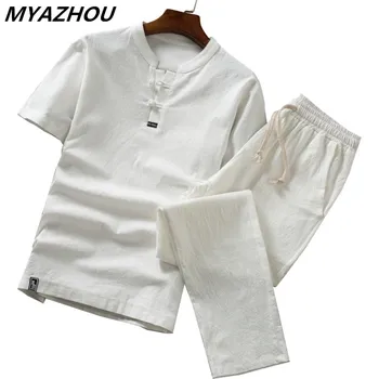Vysoko kvalitné bavlnené a ľanové tenké bielizeň nastaviť, štíhly, pevný farba-krátke rukávy T-shirt veľké veľkosti voľné bežné priedušné nohavice