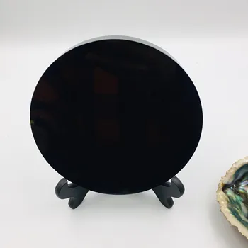 Vysoko Kvalitné Prírodné Čierna Obsidián Kameň Scrying Zrkadlo Kruhový Tanier Fengshui Zrkadlo Pre Domáce Dekorácie Darček S Policou