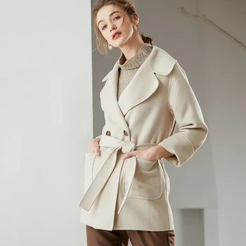 Vysoko kvalitný obojstranný vlna srsť strednej dĺžky 2020 Jeseň zima nové žien vlnený kabát cashmere vlnená handričkou