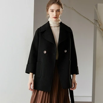 Vysoko kvalitný obojstranný vlna srsť strednej dĺžky 2020 Jeseň zima nové žien vlnený kabát cashmere vlnená handričkou