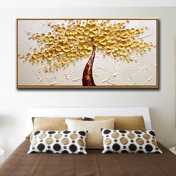 Vysoko kvalitný Ručne maľované olejomaľba na plátne zlaté peniaze stromy zavesenie obrazu na stenu umenia pre obývacia izba domova č rámovanie