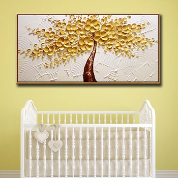 Vysoko kvalitný Ručne maľované olejomaľba na plátne zlaté peniaze stromy zavesenie obrazu na stenu umenia pre obývacia izba domova č rámovanie