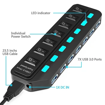 Vysokorýchlostné USB Hub 3.0 4 /7 Port USB 3.0 Hub 5Gbps Multi USB Rozbočovač On/Off vypínač EU/US/UK Napájací Adaptér pre PC, Notebooku MacBook