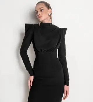 Vysoká Kvalita Black Fashion Dlhý Rukáv Backless Bodycon Elegantné Šaty Koktail Party Šaty Vestidos