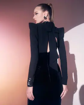 Vysoká Kvalita Black Fashion Dlhý Rukáv Backless Bodycon Elegantné Šaty Koktail Party Šaty Vestidos