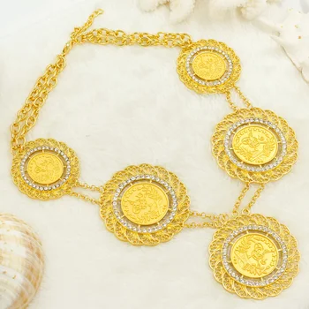Vysoká Kvalita Dubaj Zlaté Šperky Sady pre Ženy Vintage Svadba Zlatá Minca Veľký Náhrdelník Krištáľové Náušnice 24 Zlaté Svadobné Šperky