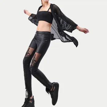 Vysoká Kvalita veľkoobchod Punk Black faux kožené gotický čipky Leginy ženy obväz čipky legíny lacné TEPLÉ nohavice nohavice