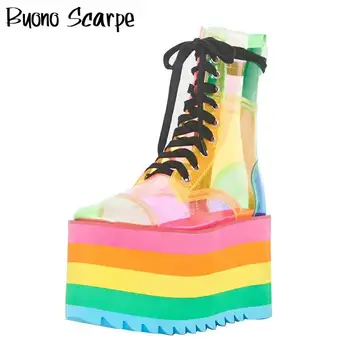 Vysoká Platforma Rainbow Topánky Šnúrky Transparentné PVC Členková Obuv Candy Farby Platformu Päty Botas Mujer Jasné, Krátke Topánky Topánky