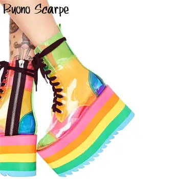 Vysoká Platforma Rainbow Topánky Šnúrky Transparentné PVC Členková Obuv Candy Farby Platformu Päty Botas Mujer Jasné, Krátke Topánky Topánky