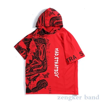 Vytlačené krátkym rukávom letné pol-voľné rukávy s kapucňou pánskej módy značky lete bežné nové pánske, veľkosť T-shirt červená