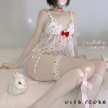 Výšivky Košieľka Kawaii Jahoda Sleepwear Japonské Anime Girl Cosplay Pyžamo Roztomilý Sexy Spodnú Bielizeň Nastaviť Jednotné Bielizeň