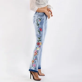 Výšivky, Kvetinové Patchwork Džínsy Ženy 2020 Vysoký Pás Denim Obličkového Nohavice Slim Vintage Bielené Džínsy Umyté Svetlo Modré Nohavice