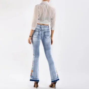 Výšivky, Kvetinové Patchwork Džínsy Ženy 2020 Vysoký Pás Denim Obličkového Nohavice Slim Vintage Bielené Džínsy Umyté Svetlo Modré Nohavice