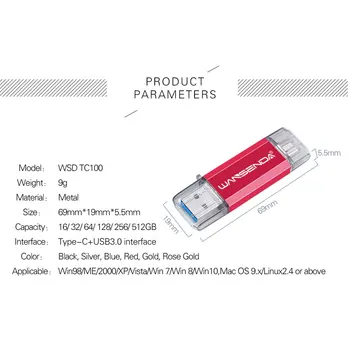 WANSENDA Typ C OTG USB Flash Drive 2 v 1, USB 3.0 & Type-C Pero Disku 512 gb diskom 256 GB 128 GB 64 GB 32 GB Palcom Jednotku kl ' úč