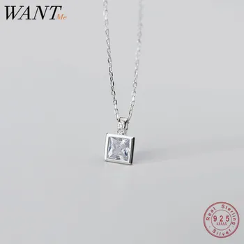 WANTME Reálne 925 Sterling Silver Geometrické Námestie Pripraviť CZ kórejský Prívesok Krátky Náhrdelník pre Ženy Módne Šperky Teen Darček
