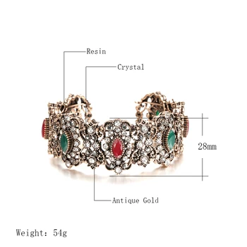Wbmqda Vintage Sivá Crystal Bangles Boho Starožitné Zlata Nastaviteľné Široké Manžetový Pre Ženy Vyhlásenie Šperky Strany Darček