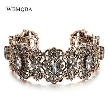 Wbmqda Vintage Sivá Crystal Bangles Boho Starožitné Zlata Nastaviteľné Široké Manžetový Pre Ženy Vyhlásenie Šperky Strany Darček