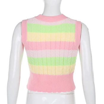 Weekeep Rainbow Prekladané Knitwear Sveter Vesta Ženy Roztomilý Kawaii Estetické Pletené Top Škole Štýl Streetwear Sladké Jumper 90. rokov