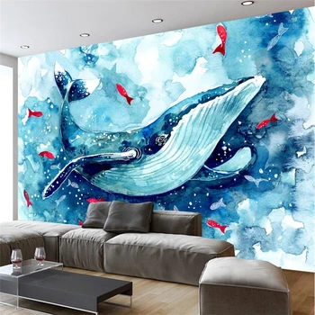 Wellyu abstraktných de parede para quarto Vlastné tapetu Abstraktné ručne maľované cartoon veľryba akvarel nástenná maľba pozadia na stenu