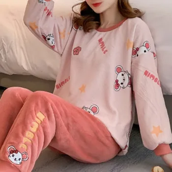 WENYUJH Cartoon Velvet Pajama nastaviť kórejský Flanelové Teplé Pyžamo pre Ženy Long Sleeve Domov Oblek Dámy Hrubé Feminino Sleepwear