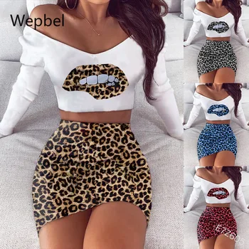 Wepbel Dvoch-Dielny tvaru Žien Top + Sukňa Sady Ženy Sady Plus Veľkosť Leopard Pery Bežné Ženské Odevy 2 Dielna Sada Oblečenie