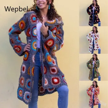 WEPBEL Plus Veľkosť Polovici Dĺžky Nadrozmerné Svetre Cardigan Ženy Módne Farby Pletený Sveter Kabát Dlhý Rukáv Tlač Svetre