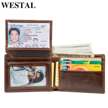 WESTAL pánske peňaženky skutočné cowhide kožené módne slim kabelku pre mužov peniaze taška kreditnej karty držiteľ RFID peňaženky krátke móda