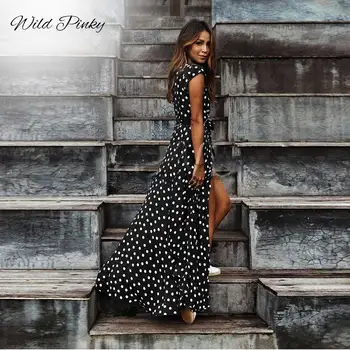 WildPinky Boho Polka Dot Dlhé Šaty Žien Rozdeliť Krátkym Rukávom Letné Oblečenie Pre Voľný Čas 2020 Streetwear Black Maxi Šaty Vestidos