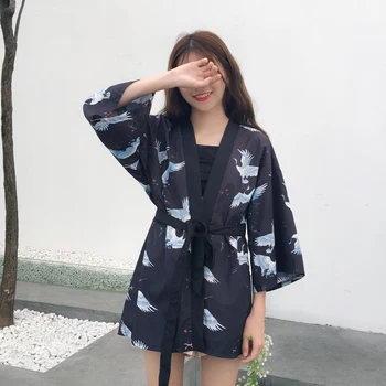 Woherb 2020 Lete Plus Veľkosť Topy Kimono Cardigan Ženy Harajuku, Blúzky, Tlač Žeriav Dámy Japonský Kimonos Streetwear 21107