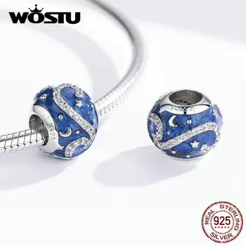 WOSTU 925 Sterling Silver Hviezdne Nebo Modré Korálky Smalt Okrúhly Zirkón Charms Fit Originálny Náramok, Prívesok, Šperky CQC1387