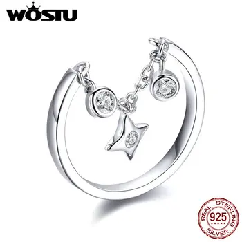 WOSTU Bright Star Krúžok 925 Sterling Silver Jasné, CZ Reťaz Prepojenie Kryštály Nastaviteľné Krúžky Prst Pre Ženy Lesk Šperkov CQR408