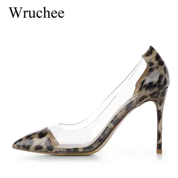 Wruchee letné topánky transparentné leopard nahé farba ženy, ktoré pracujú čerpadlá topánky špicaté prsty tenké podpätky, topánky 10 cm veľká veľkosť