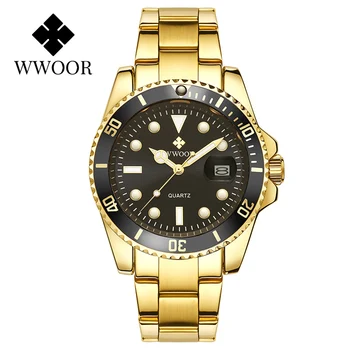 WWOOR Značky Muži Hodinky 2021 Luxusné Gold Black Watch Mužov Športové Potápačské Náramkové Hodinky Quartz Auto Dátum Nepremokavé Relogio Masculino