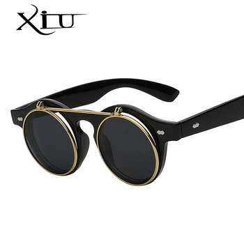 XIU Flip Up Kolo Tieni slnečné Okuliare Retro Vintage Muži Ženy Značky Dizajnér slnečné Okuliare Punk Klasické Okuliare UV400