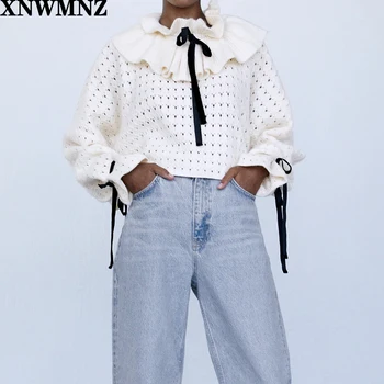 XNWMNZ za ženy pletený sveter s prehrabať trim Sveter s rozstrapatené vysoká krku a dlhými rukávmi luky a openwork textílie