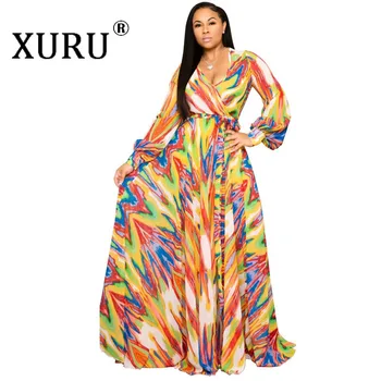 XURU šifón tlač šaty pláži veľké šaty veľkosť S-5XL dámske dlhý rukáv V krku príležitostné voľné šaty