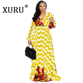 XURU šifón tlač šaty pláži veľké šaty veľkosť S-5XL dámske dlhý rukáv V krku príležitostné voľné šaty