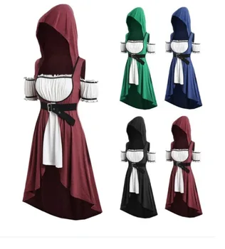 Xxxxxl xxxl xxxxl Stredoveké Halloween Kostýmy Ženy Šaty s Kapucňou Asymetrické Vintage Pás Voľné Retro Linky Kostým Plus Veľkosť
