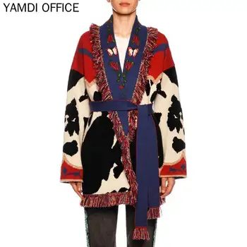 YAMDI fringe cardigan sveter pre ženy HAVAJ cartoon nové výšivky dráhy boho teplý kabát boho pletené svetre zimné outwear