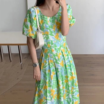 YAMDI vintage a-line elegantné kórejský šaty tlač na kvetinový o krk strany midi šaty ženy, žena 2020 nové krátkym rukávom letné vestid