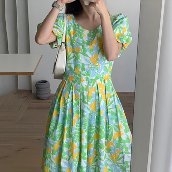 YAMDI vintage a-line elegantné kórejský šaty tlač na kvetinový o krk strany midi šaty ženy, žena 2020 nové krátkym rukávom letné vestid