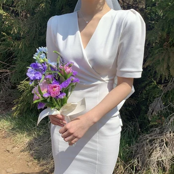 YAMDI vintage elegantné 2020 nové lete-line krátky rukáv midi šaty žien strany kórejskej šaty žena solid white v krku vestido