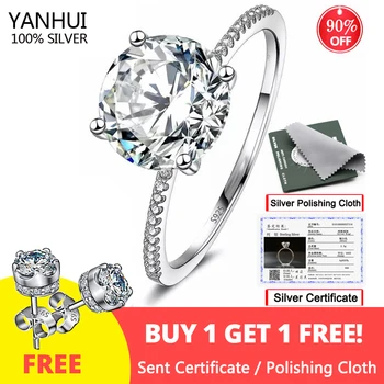 YANHUI S Certifikát 925 Sterling Silver Ring Luxusné Solitaire 3ct Zirconia Diamond Svadobné Kapela Darček Šperky Pre Ženy R316