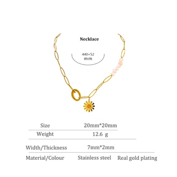 Yhpup 2021 Nehrdzavejúcej Ocele Módne Sun Flower Prívesok Reťazca Náhrdelník Elegantné Šperky Prírodné Perly 18 K Metal Golier Náhrdelník